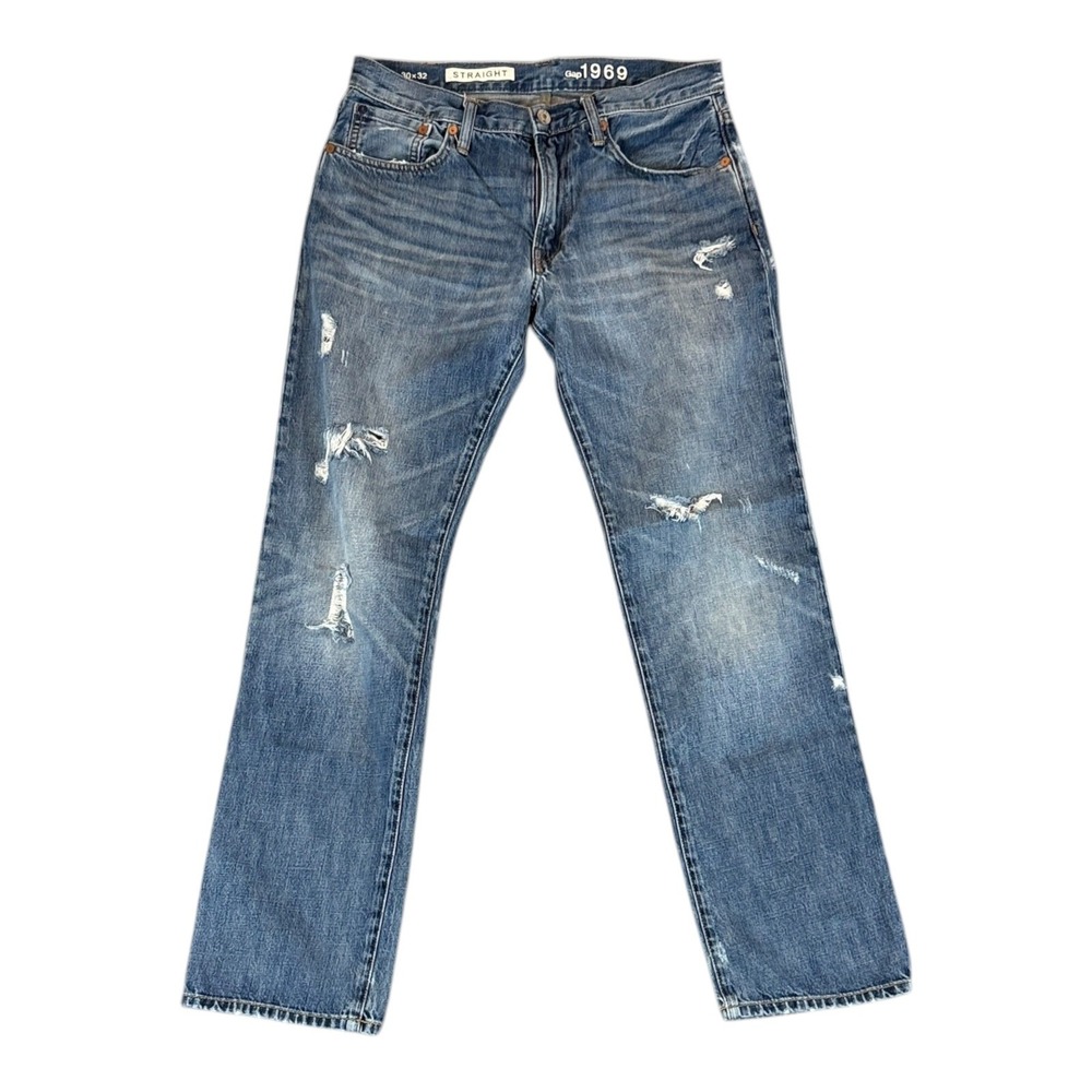Gap 1969 Straight Leg Jeans Womens 30x32 Blue Distressed Ripped Denim Pants Y2K
